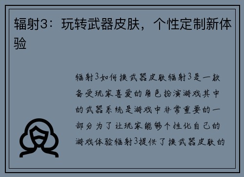 辐射3：玩转武器皮肤，个性定制新体验